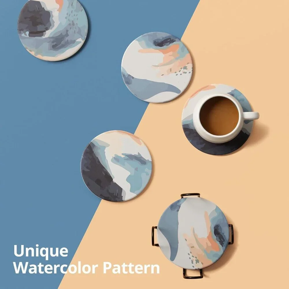 Coasters Set of 6 Absorbent Drink Coasters with Holder, Watercolor Marble Sandst